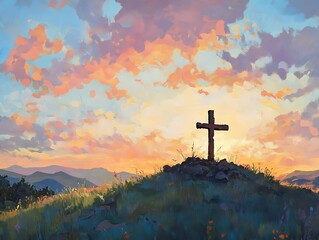 Obraz premium cross on hilltop with morning sky for Easter resurrection