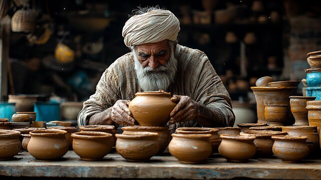 Local craftsman shaping clay pots in a traditional workshop showcasing the craftsmanship and tools used in Indo Pak pottery making