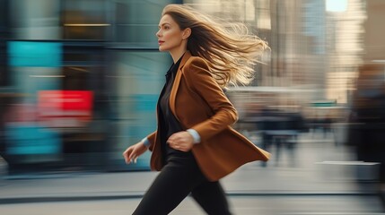 Businesswoman running downtown financial district. wealthy rich successful businesswoman walking in big city modern skyscrapers street on sunset thinking of successful future