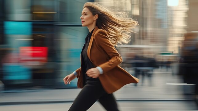 Businesswoman running downtown financial district. wealthy rich successful businesswoman walking in big city modern skyscrapers street on sunset thinking of successful future