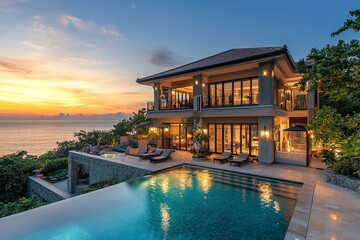 Luxurious modern house with an infinity pool and ocean view at sunset, featuring white walls and wood details