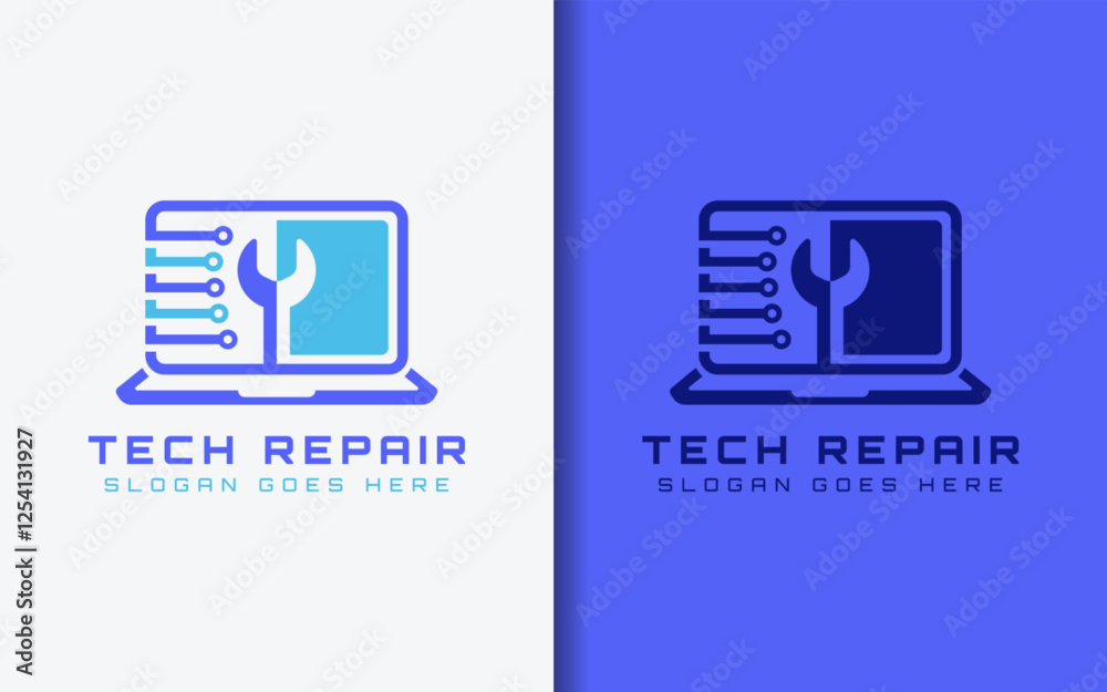 Poster tech repair logo design. minimalist colorful laptop shape combined with wrench and tech element. usa