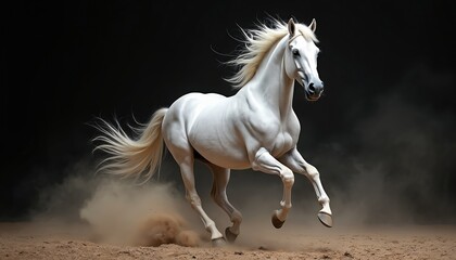 Majestic white horse gallops dynamically on black background. Sand particles fly adding motion. Elegant animal with flowing mane, symbol of freedom, power, grace and speed.
