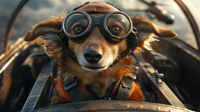 Funny dog is flying a vintage airplane wearing aviator goggles and a helmet - Powered by Adobe