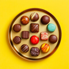 Delightful collection of colorful chocolate bonbons arranged elegantly on a gold plate, exuding charm against a warm yellow backdrop