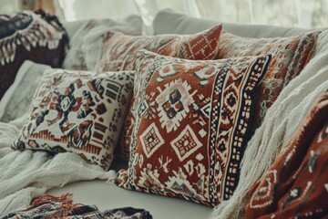 Cozy living room with decorative pillows featuring intricate patterns and textures