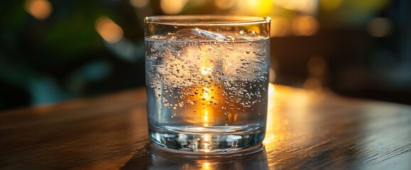 Sparkling water glass on table, sunset background, refreshment