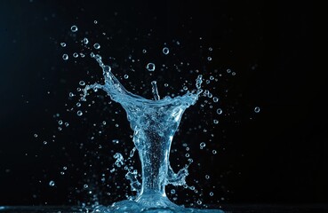 Water splash with many drops on black background. Blue beverage liquid fountain concept for refreshment, freshness, drink, source, watering, pureness and relaxation.
