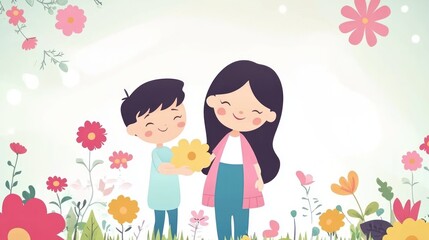 Boy giving mother flower in garden.