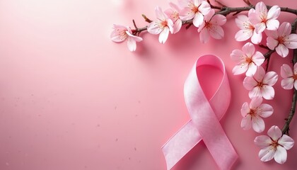 Breast cancer awareness banner with pink ribbon, cherry blossoms. Promote hope, courage, wellness. Support breast cancer programs, campaigns, medical studies. Blossom branch, petals on pink