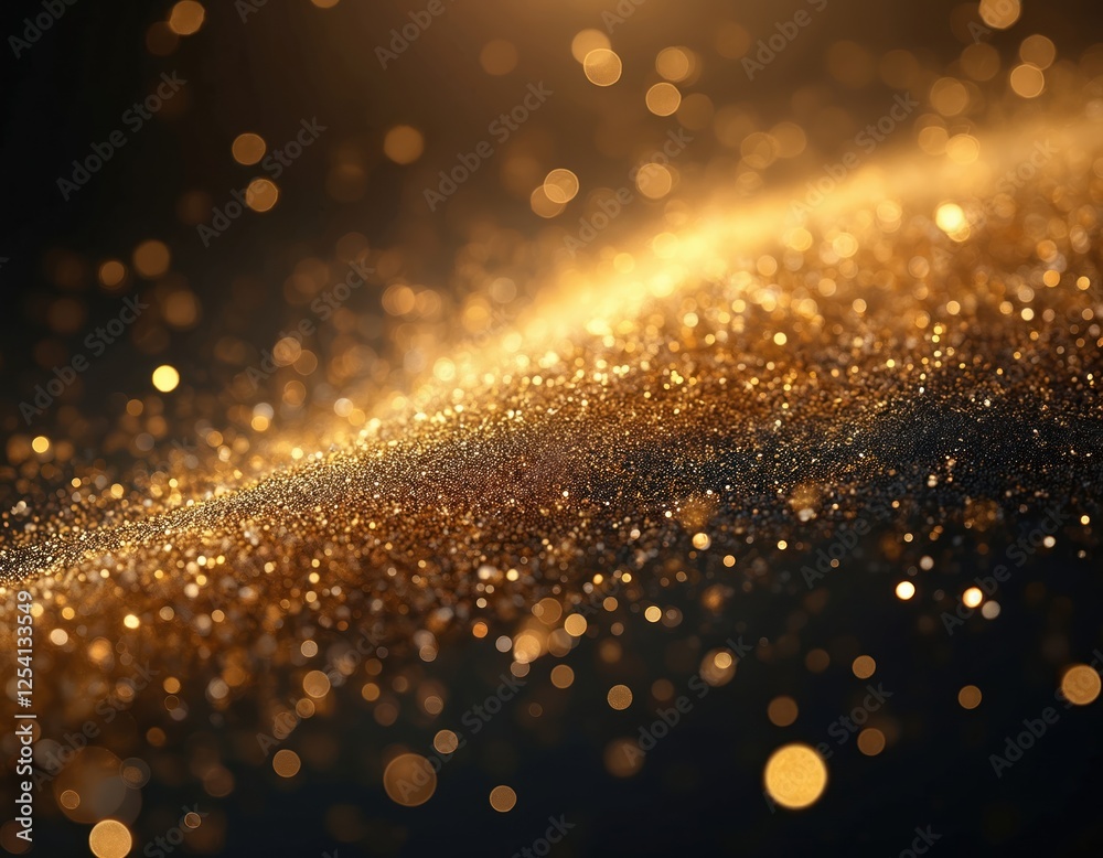 Aufkleber Stunning black backdrop with golden glitter particles. Abstract elegant design with gold dust, creating luxurious modern festive visual experience for celebrations. Perfect element for creative