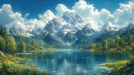 Fototapeta premium A serene landscape featuring mountains, a lake, and lush greenery under a bright sky.