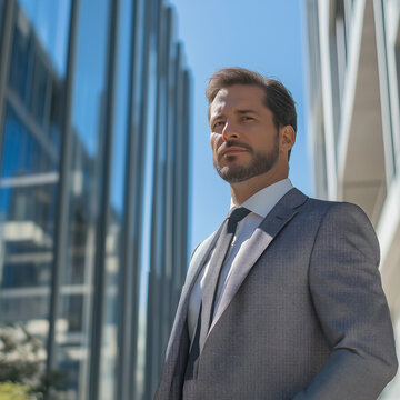 Un ejecutivo espa&ntilde;ol profesional parado con confianza frente a la arquitectura moderna en Madrid, vestimenta de negocios, d&iacute;a soleado, fondo urbano