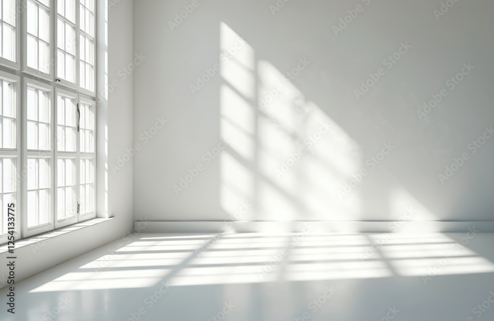 Poster Sunlight streams window in white room, creating light and shadow patterns on floor. Empty blank space for minimalist interior design, product placement or text.