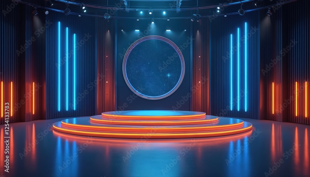 Poster Night virtual studio set background for show. Ideal for online broadcasting live streaming events. 3D rendering backdrop suitable on VR tracking system stage sets.