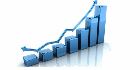 3D Bar Graph in Blue Showing Growth Over Time with Rising Line Indicating Upward Trend in Data