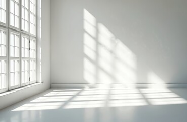 Obraz premium Sunlight streams window in white room, creating light and shadow patterns on floor. Empty blank space for minimalist interior design, product placement or text.