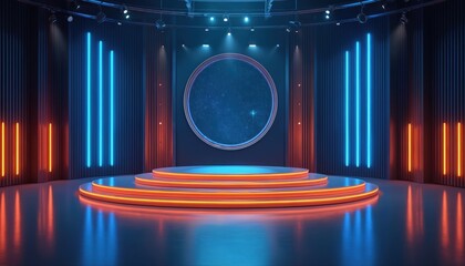 Night virtual studio set background for show. Ideal for online broadcasting live streaming events. 3D rendering backdrop suitable on VR tracking system stage sets.