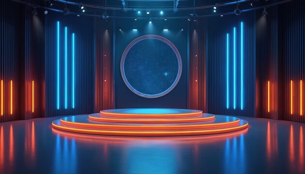 Night virtual studio set background for show. Ideal for online broadcasting live streaming events. 3D rendering backdrop suitable on VR tracking system stage sets.