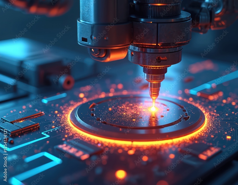 Leinwandbilder Robotic arm precisely working on futuristic tech circuit board. High-tech manufacturing, automated production. Innovation, artificial intelligence in modern industrial processes, robotic engineering,
