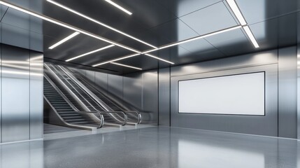 Modern escalator, subway station, blank billboard, advertisement