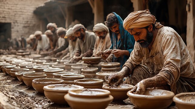 Pottery workshop rural Indo Pak village lower caste potter working clay their hand covered earth while upper caste villager stand background watching but not participating subtle caste division