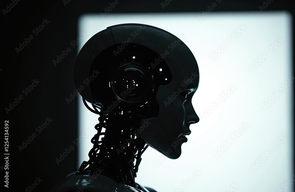 Poster Silhouette of robot head against dark background. Futuristic design with creative shadow. Modern tech innovation abstract with metallic geometric profile. Cybernetic face aesthetic lighting.