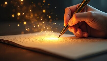 Hand writes with golden pen creating magic. Sparkles glow from nib on paper. Dream, idea, inspiration, art, fantasy, imagination concept. Author creates handwritten story letter.