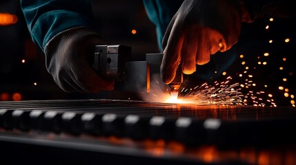 Close-up of a skilled worker using a laser cutter in a dimly lit workshop, sparks flying