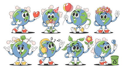 Obraz premium Cute Earth planet cartoon characters kawaii emoji sticker for world environment day celebration