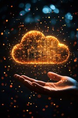Creating a digital cloud concept in a hand technology visualization dark background