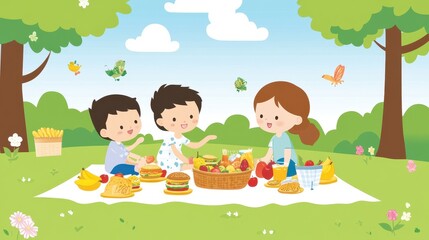 Obraz premium Family Enjoying a Picnic at the Park with Blanket A family having a delightful picnic on a blanket in the park, enjoying sandwiches, fruits, and good company.