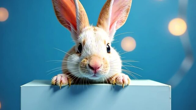 Close up an Easter bunny with his ears up is sitting looking out from behind a white sign, putting his front paws on it on a blue background with lights. The concept of Easter, a holiday.