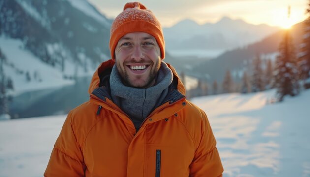 Man with warm smile stands in snowy mountain landscape. Dressed in orange jacket and beanie, scarf exuding warmth in cold winter nature at sunset. Ski touring vacation.