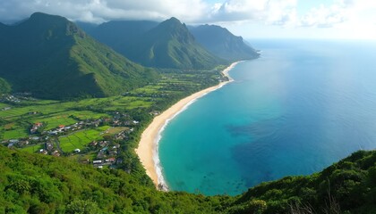 Aerial view of tropical island with coast line. Turquoise water meets shore. Green mountain range, coastal villages, rice fields, clear sky. Great vacation destination and real estate investment.