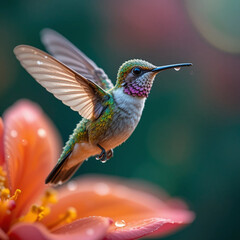 Fototapeta premium Macro colibrí con gotas de agua en patas y pico volando cerca de una flor mojada