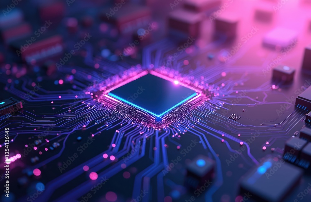 Poster illustration of computer chip with purple, blue neon light. electronic circuit board background, int