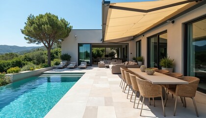 Fototapeta premium Summer terrace with modern awning, turquoise pool. Resort villa patio, deck for relaxation. Outdoors area with furniture, lounge chairs, garden. Vacation home with poolside, blue water, trees.
