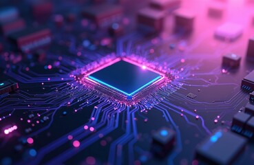 Illustration of computer chip with purple, blue neon light. Electronic circuit board background, integrated technology, cyberspace communication engineering. Modern tech design element, cyber network