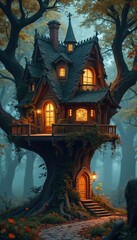 Fototapeta premium Enchanted treehouse illustration in lush forest. Fantasy home with balcony, chimney, stair. Magical wooden architecture, fairy tale cozy house with warm light windows.