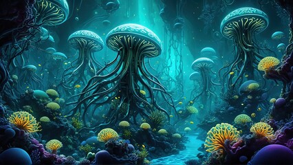 Obraz premium Organic Bioluminescent Structure Seamless Texture. Eco-tech branding, marine science visuals, biotech advertisements, futuristic nature conservation graphics