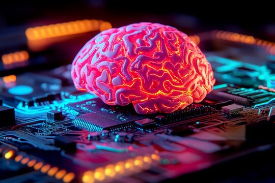 A glowing brain with vibrant circuitry in a futuristic digital artwork creates a dynamic and imaginative design, immersing viewers in a technological atmosphere