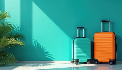 Two colorful suitcases, turquoise and orange, near vibrant turquoise wall. Stylish travel baggage symbolizes adventure, journey readiness. Palm tree leaf adds vacation vibe.