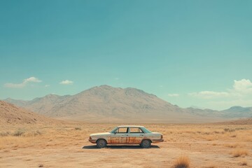 Obraz premium Abandoned car rests in a dry landscape with mountains and clear blue skies on a sunny day