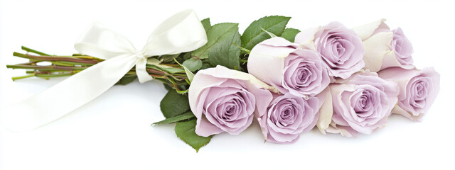 Bouquet of elegant pale lavender roses tied with a white ribbon, showcasing delicate petals and lush green leaves against a white background.