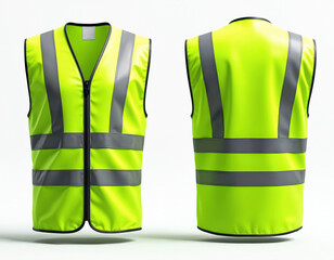 High visibility neon green sleeveless safety vest. Reflective stripes on front and back for roadside worker protection. Modern lightweight traffic waistcoat uniform with zipper.