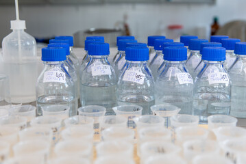 Laboratory equipment. Laboratory storage bottles with blue polypropylene cap on white table.