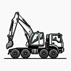Excavator machinery illustration on white background, construction concept.