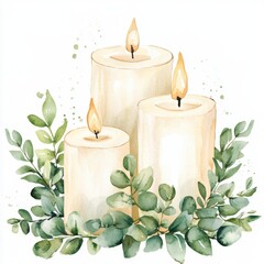 Watercolor candles, eucalyptus, serenity, white background, holiday decor