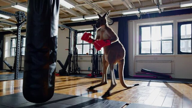 Kangaroo boxing with a punching bag in a gym. Concept: comic illustration, meme video